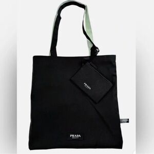 Prada Black and Green Cream Reversible Tote Bag with Pouch